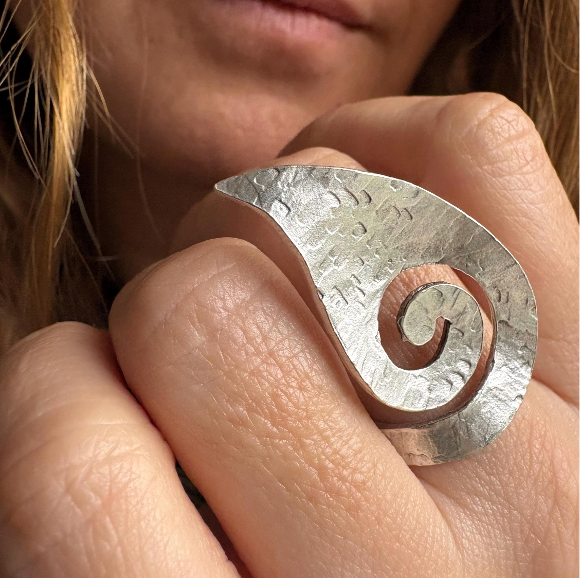 Hammered Silver Spiral Ring • Adjustable Artisan Statement Jewelry • Geometric Ring
