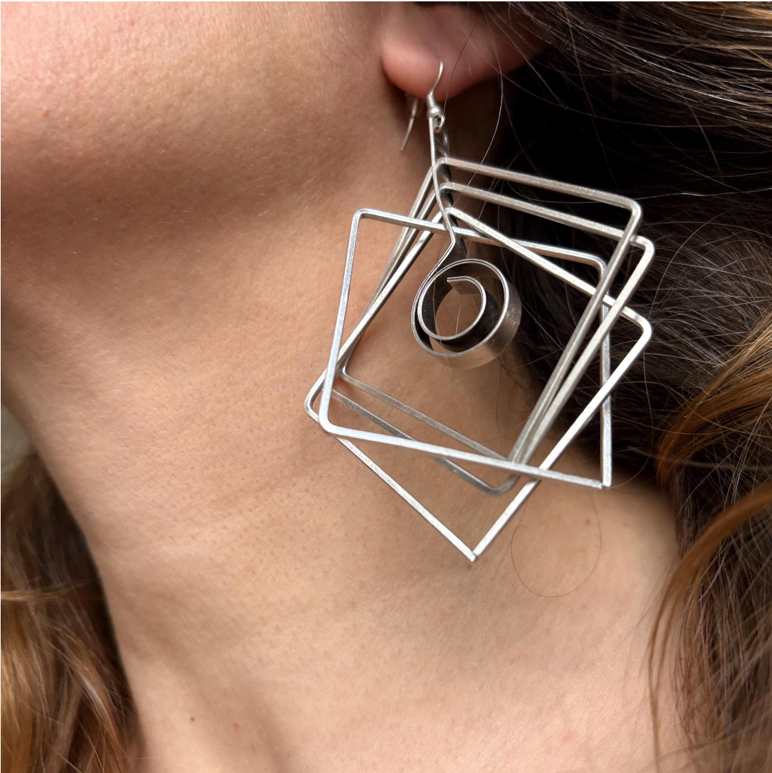 Brutalist Silver Plated Earrings, Geometric Dangle, Architectural Jewelry