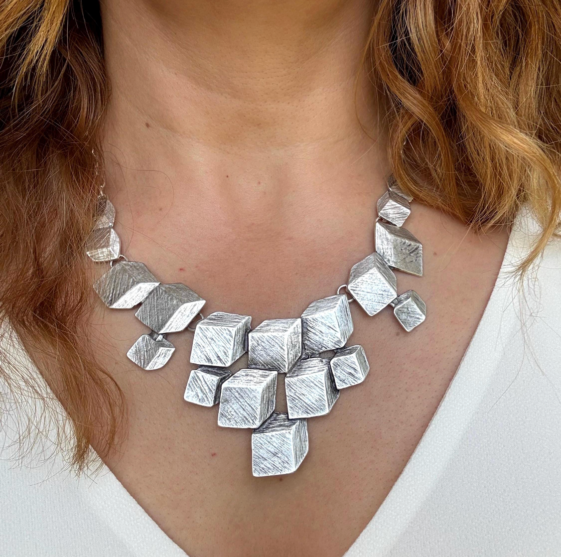 Artisan Chunky Geometric Matte Silver Bib Necklace with Sculptural Textured Design