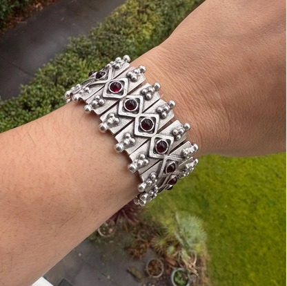 Bohemian Garnet Panel Bracelet, Silver Plated Brutalist Cuff, Gift For Her