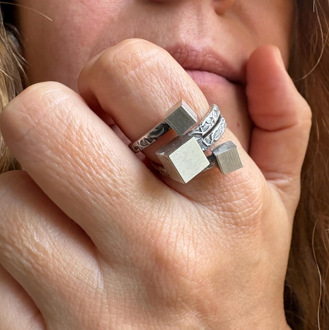 Brutalist Silver Plated Modernist Ring • Adjustable Abstract Cube Ring • Geometric Statement Jewelry • Unique Gift for Her