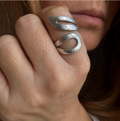Adjustable Silver-Plated Brass Ring, Brutalist Modernist Jewelry