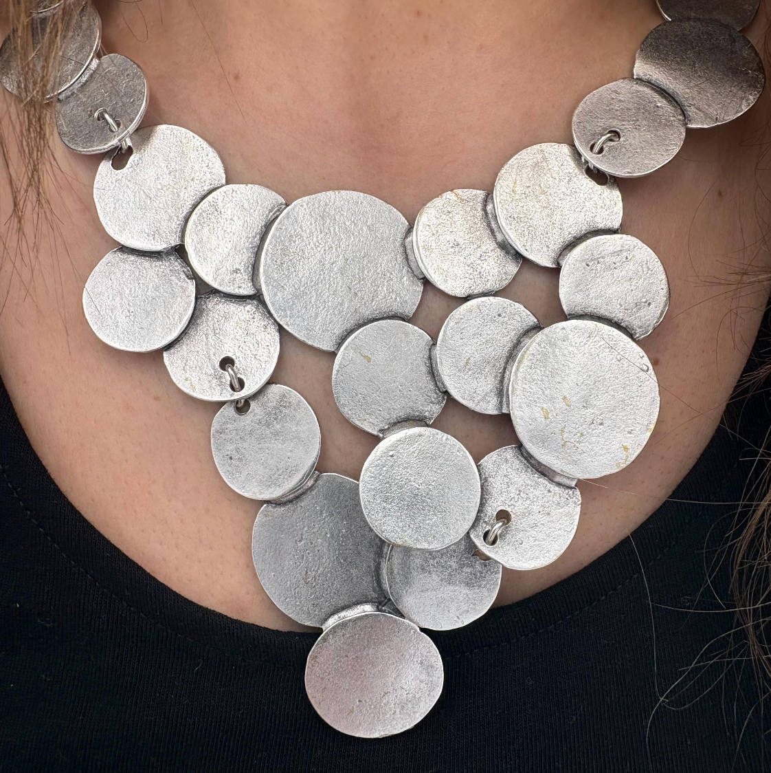 Brutalist Silver Plated Disc Necklace, Hammered Medallion Collar, Boho Bib Jewelry, Gift for Her
