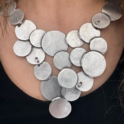 Brutalist Silver Plated Disc Necklace, Hammered Medallion Collar, Boho Bib Jewelry, Gift for Her