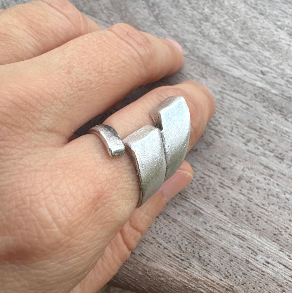 Adjustable Silver Plated Brass Ring, Bold Geometric Jewelry