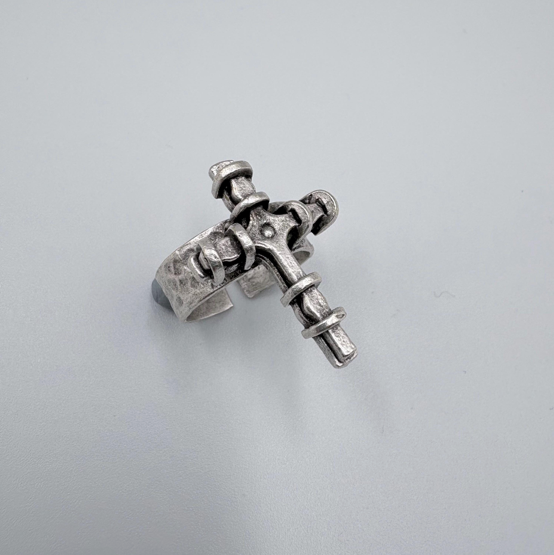 Adjustable Cross Ring, Silver Plated Brass, Gothic Brutalist Style, Unisex Ring