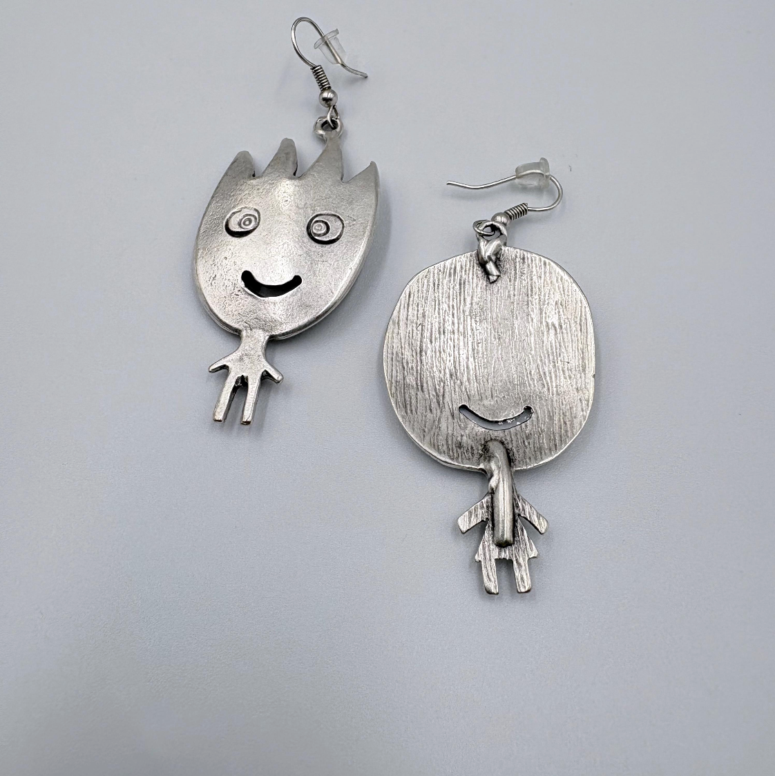 Vintage Silver Tone Smiling Boy and Girl Earrings | Whimsical Dangle Jewelry