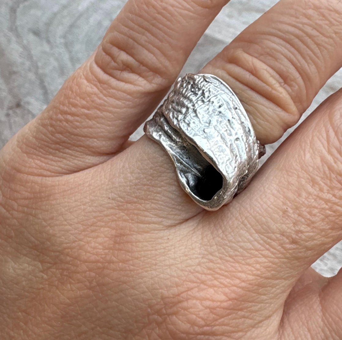 Chunky Abstract Silver Ring | Irregular Textured Lava Design | Adjustable Statement Ring