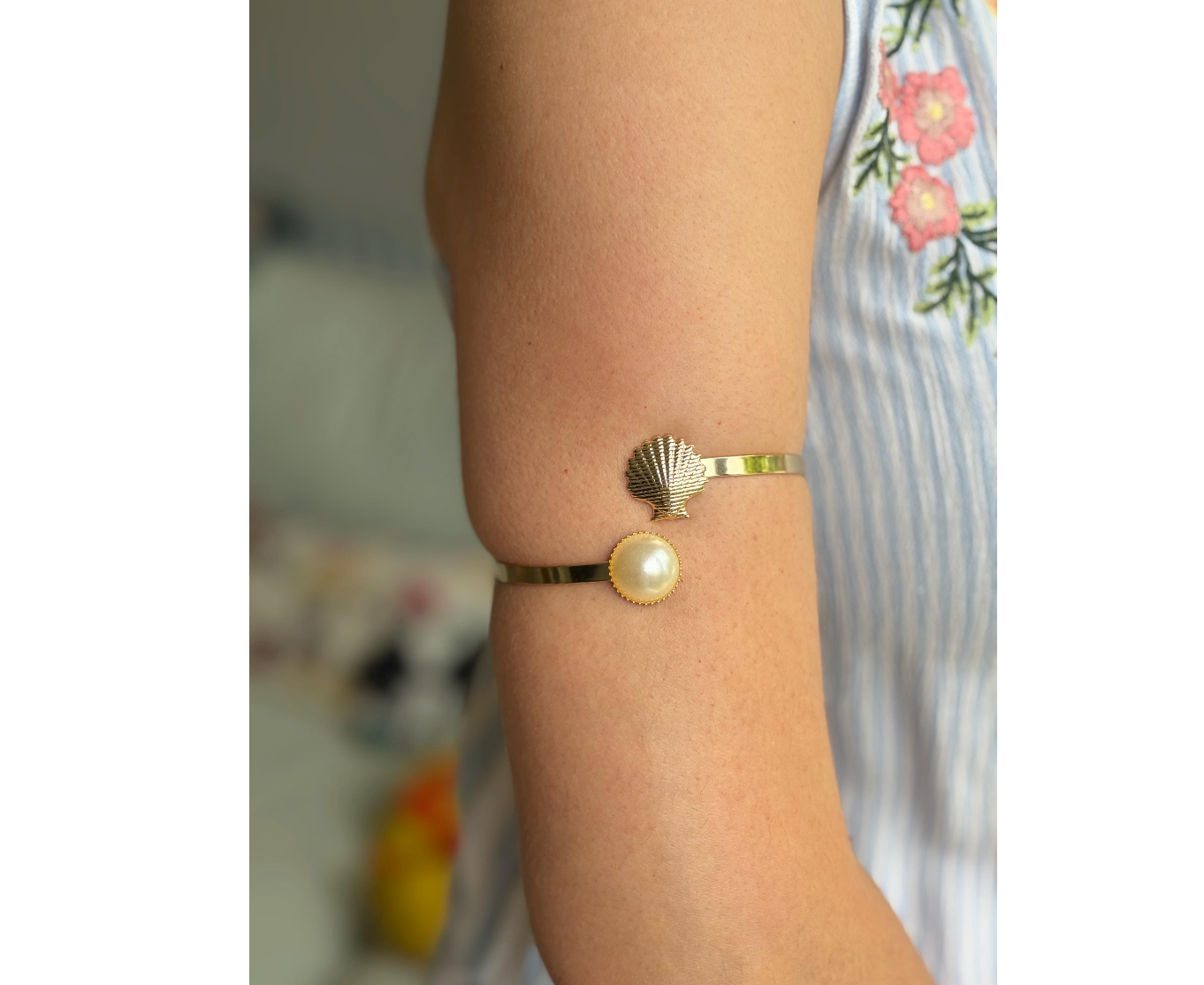 Boho Brass Arm Cuff: Shell and Faux Pearl Armlet