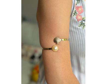 Boho Brass Arm Cuff: Shell and Faux Pearl Armlet