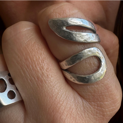 Adjustable Silver-Plated Brass Ring, Brutalist Modernist Jewelry