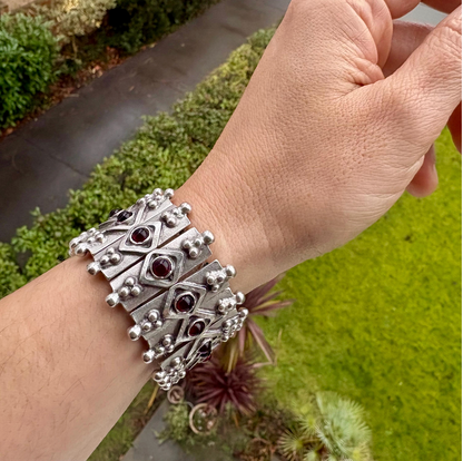 Bohemian Garnet Panel Bracelet, Silver Plated Brutalist Cuff, Gift For Her