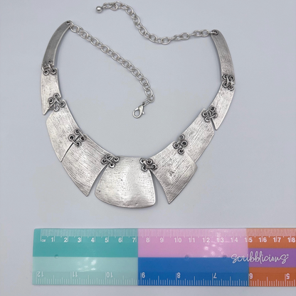 Boho Bib Necklace - Antique Silver Tone, Tribal Statement Jewelry