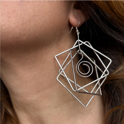 Brutalist Silver Plated Earrings, Geometric Dangle, Architectural Jewelry