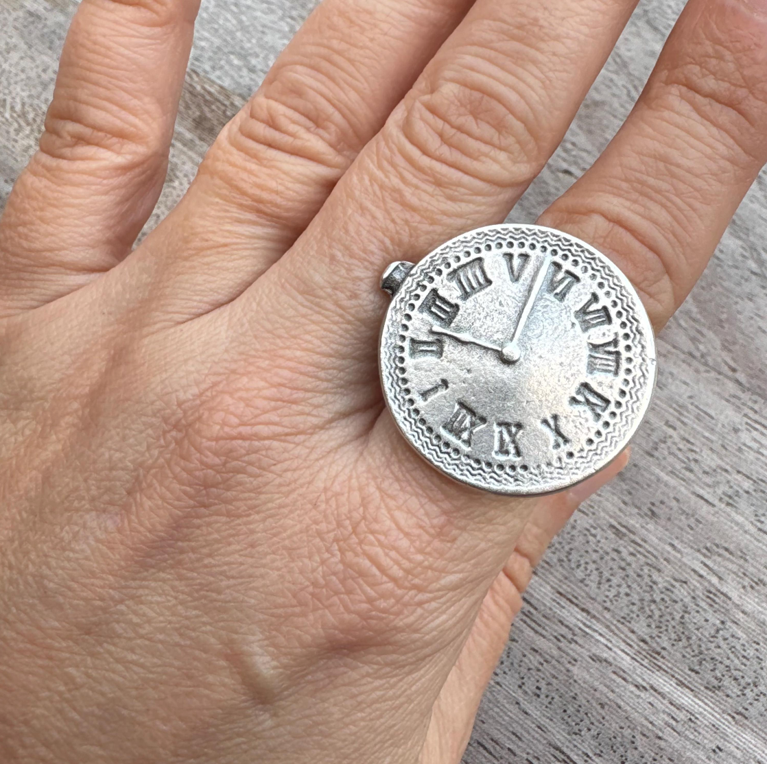 Roman Numeral Clock Face Ring | Adjustable Brass Ring | Vintage Boho Minimalist Jewelry for Women