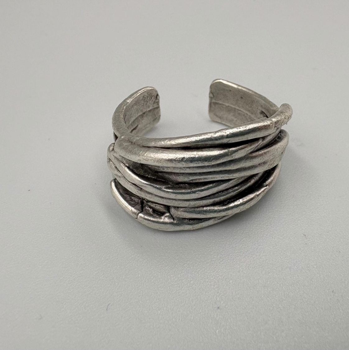 Rustic Silver Finish Brass Wrap Ring – Adjustable Organic Band