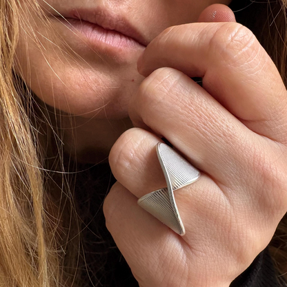 Silver Plated Brass Crossover Ring • Ribbed Geometric Adjustable Band