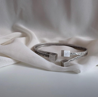 Rustic Silver Cuff Bracelet – Vintage Handmade Open Bangle with Cube Ends, Unisex Modern Jewellery