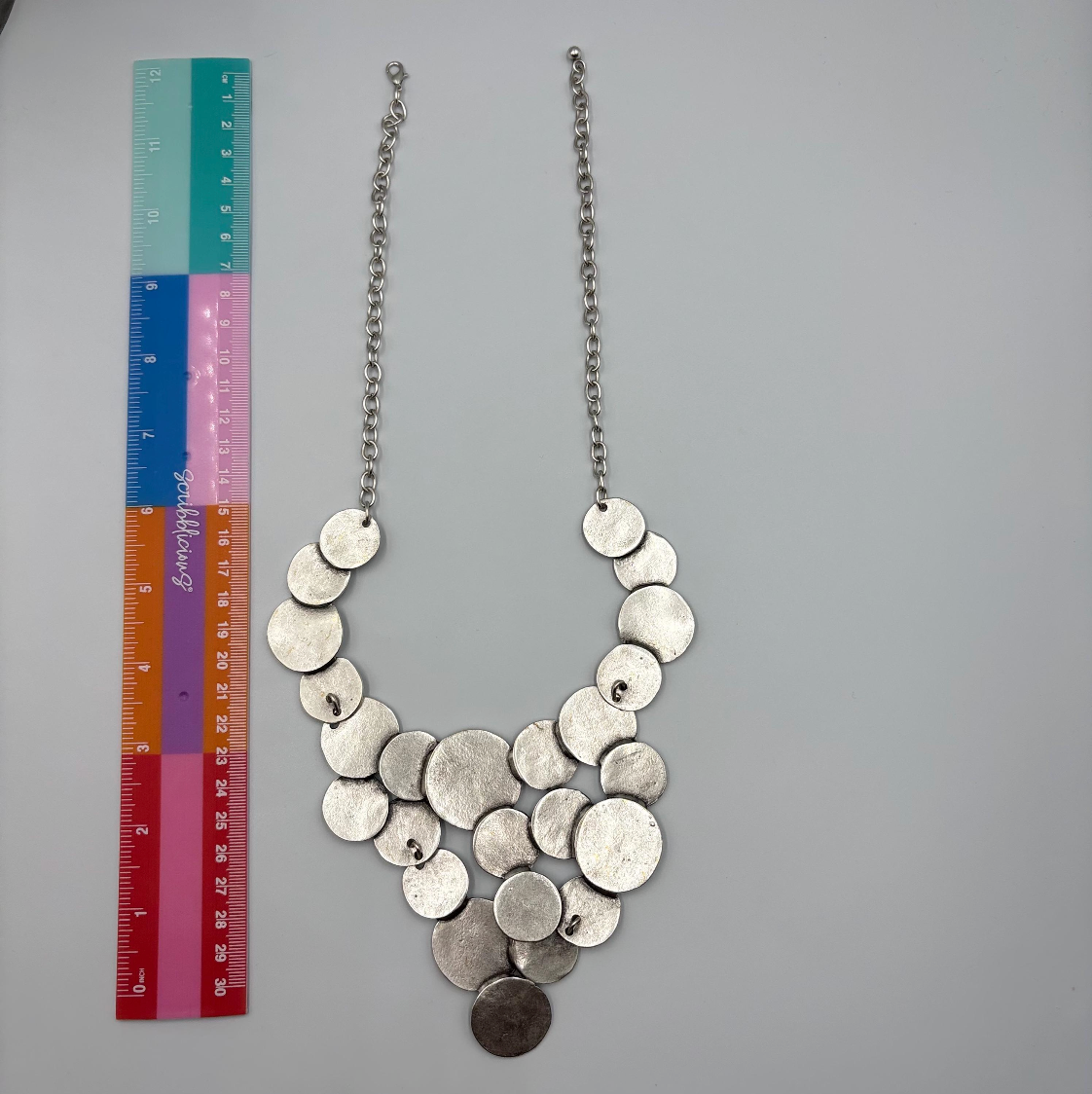 Brutalist Silver Plated Disc Necklace, Hammered Medallion Collar, Boho Bib Jewelry, Gift for Her