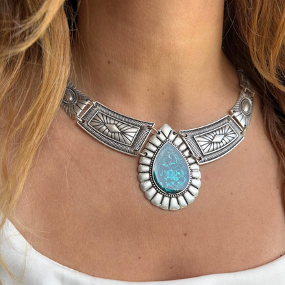 Bohemian Statement Necklace : Chunky Geometric Blue Enamel Festival Jewelry,  Silver Cord Necklace for her