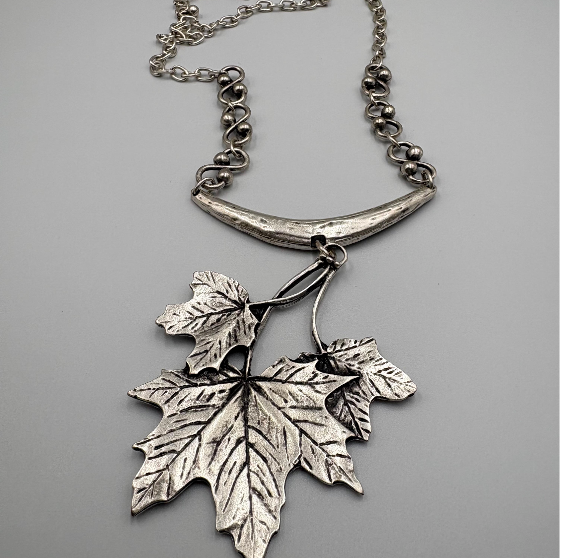 Silver Maple Leaf Necklace, Rustic Boho Pendant, Woodland Jewelry