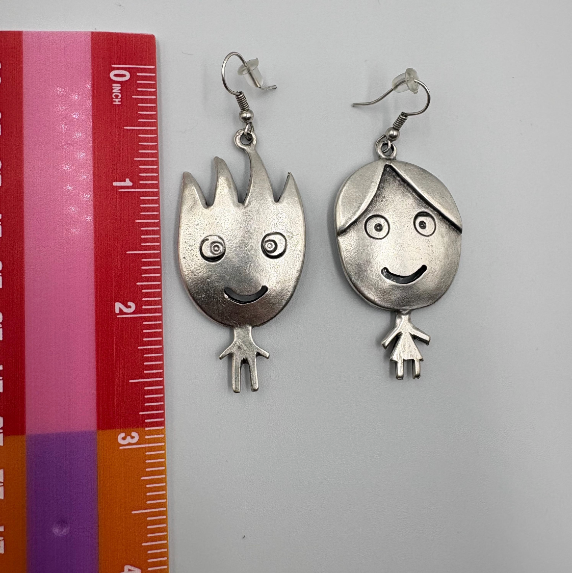 Vintage Silver Tone Smiling Boy and Girl Earrings | Whimsical Dangle Jewelry