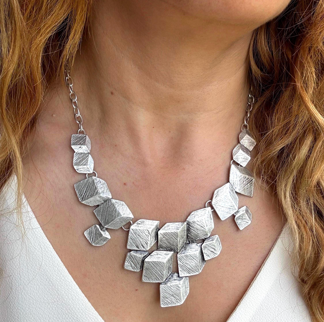 Artisan Chunky Geometric Matte Silver Bib Necklace with Sculptural Textured Design