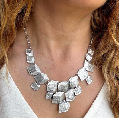 Artisan Chunky Geometric Matte Silver Bib Necklace with Sculptural Textured Design