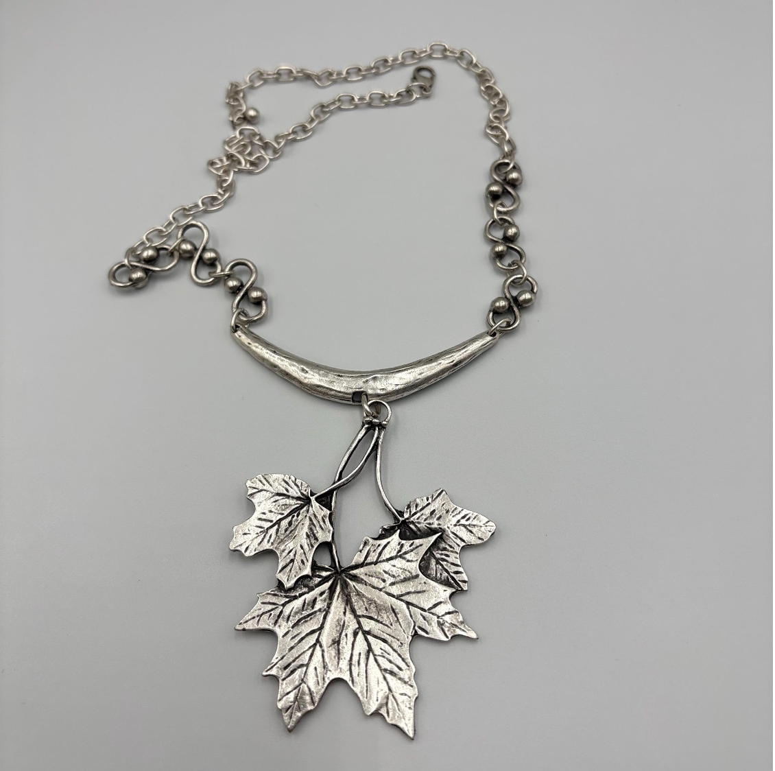 Silver Maple Leaf Necklace, Rustic Boho Pendant, Woodland Jewelry