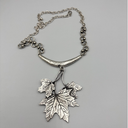 Silver Maple Leaf Necklace, Rustic Boho Pendant, Woodland Jewelry