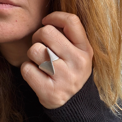 Silver Plated Brass Crossover Ring • Ribbed Geometric Adjustable Band