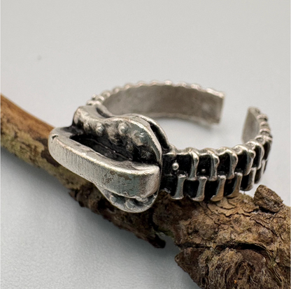 Antique Silver Zipper Ring • Industrial Steampunk Adjustable Band