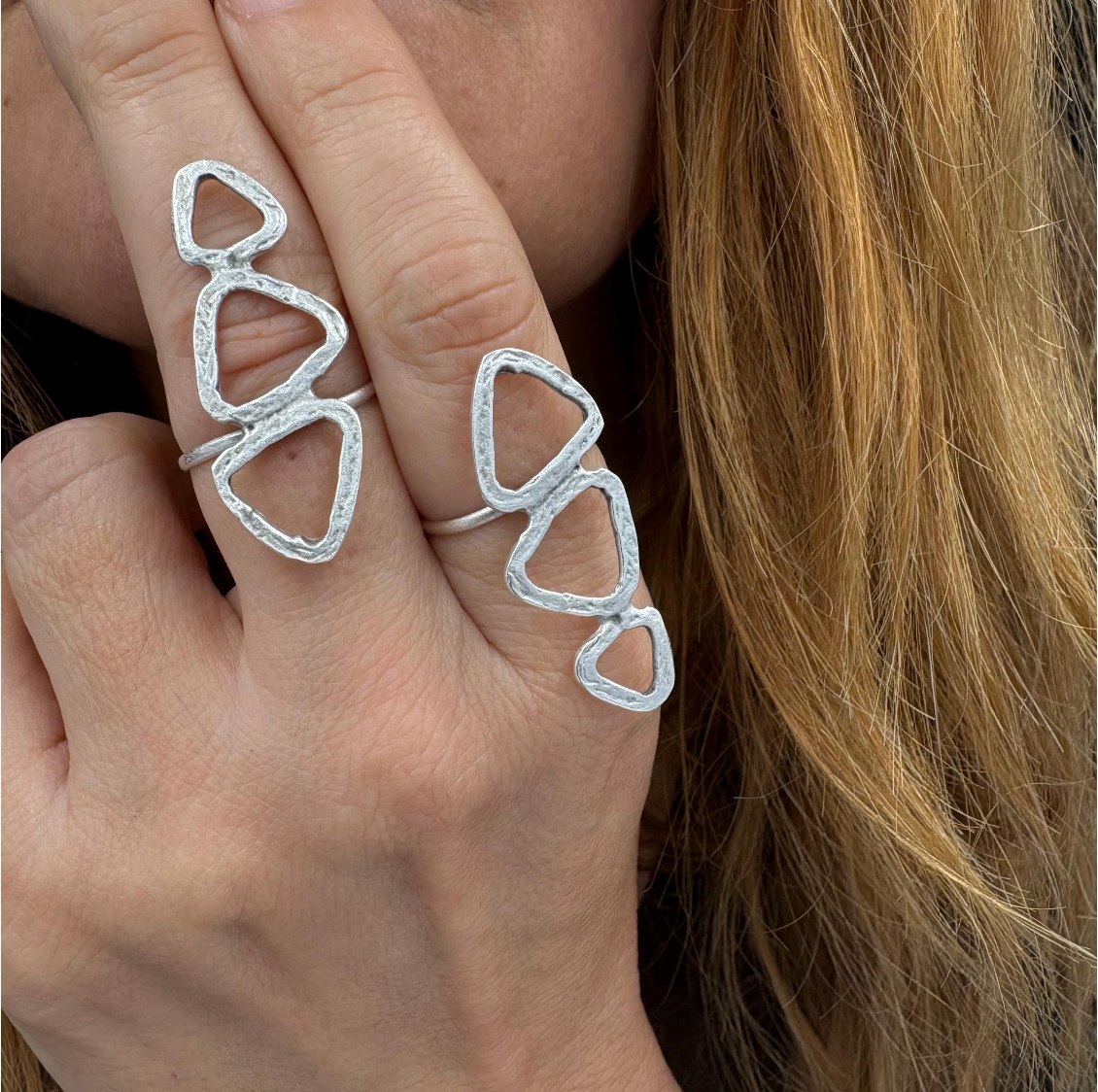 Abstract Geometric Brass Ring – Adjustable Open Band Ring, Lightweight, Nickel-Free Jewelry