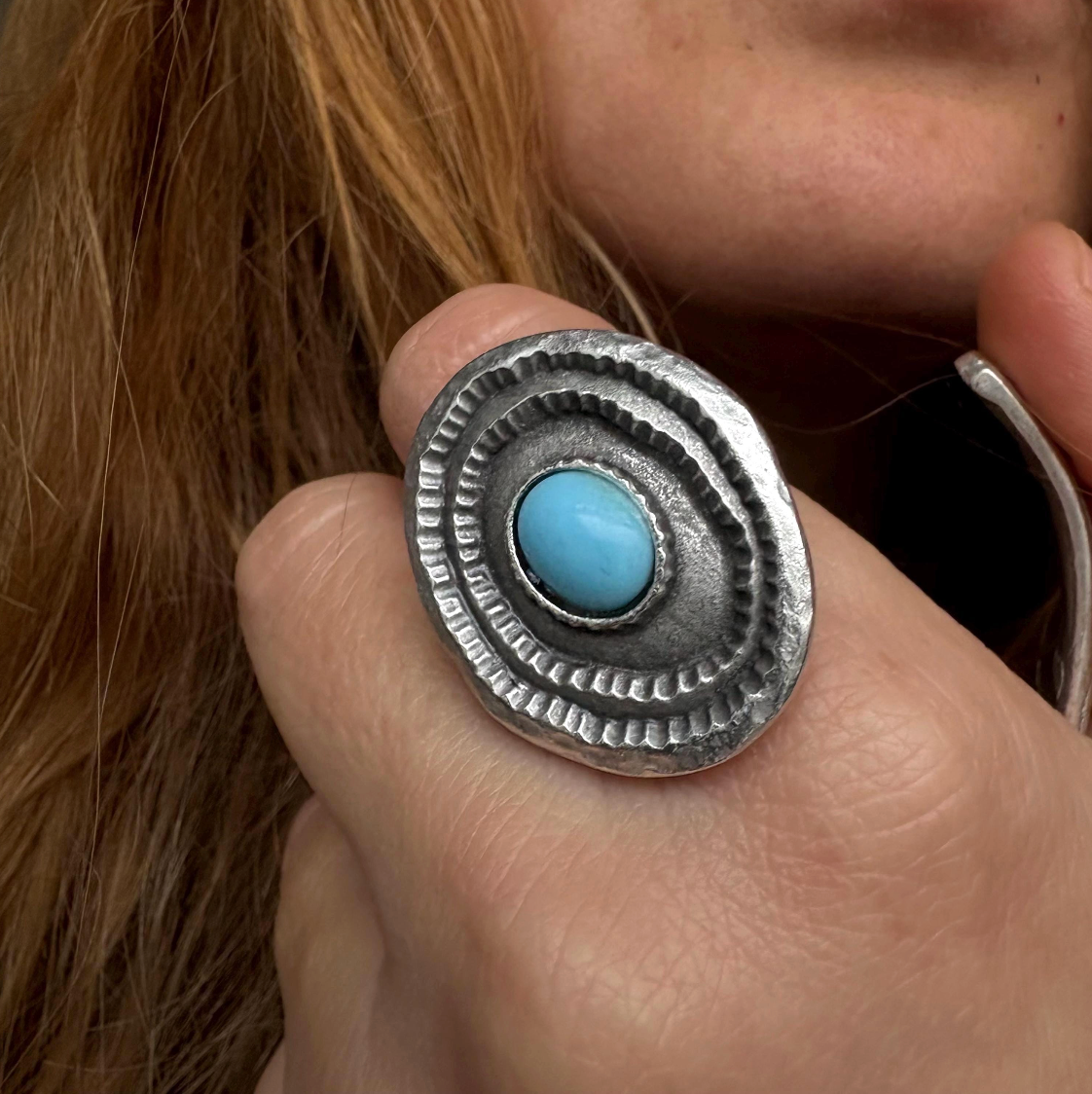 Turquoise Statement Ring, Silver Plated Brass, Adjustable Boho Jewelry