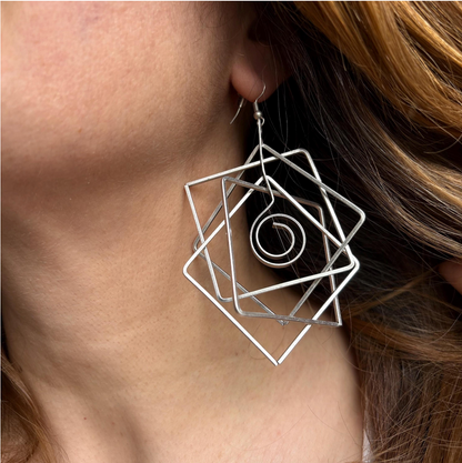 Brutalist Silver Plated Earrings, Geometric Dangle, Architectural Jewelry