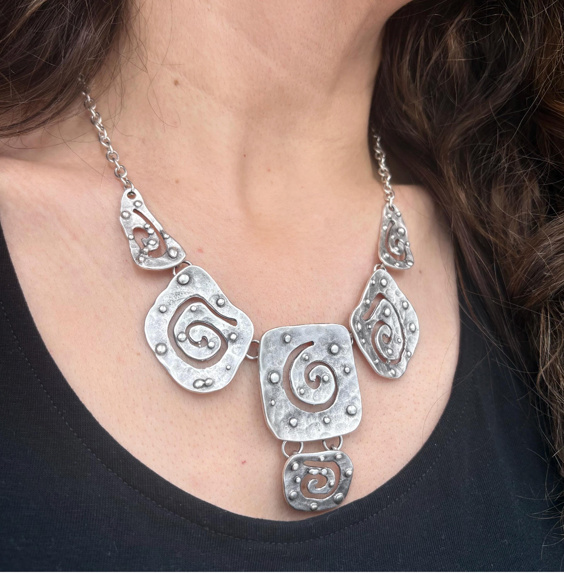 Handmade Silver Plated Bib Necklace: Chunky Spiral Pendant, Hypoallergenic