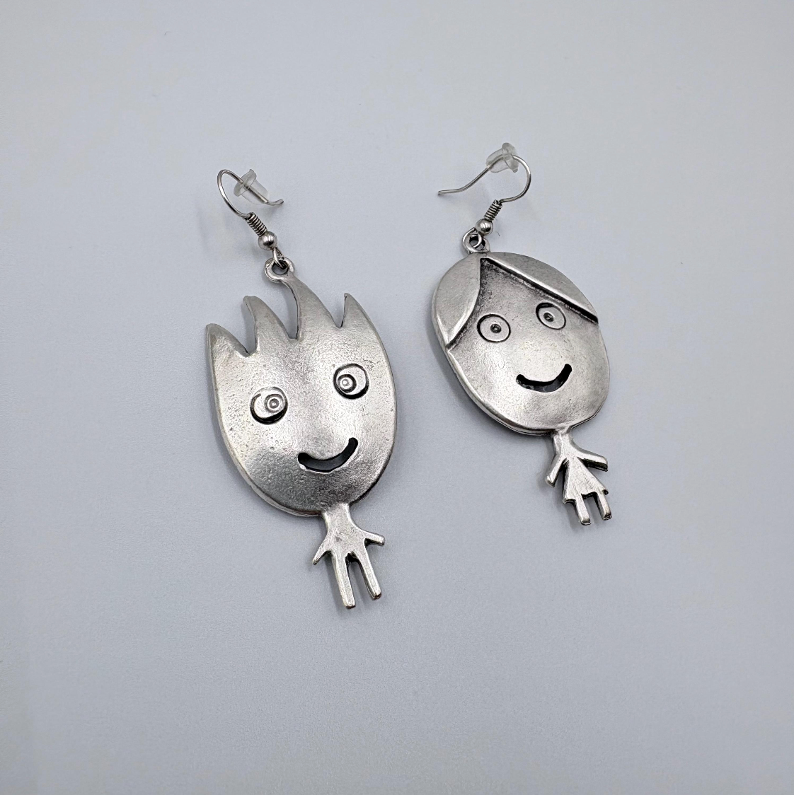 Vintage Silver Tone Smiling Boy and Girl Earrings | Whimsical Dangle Jewelry