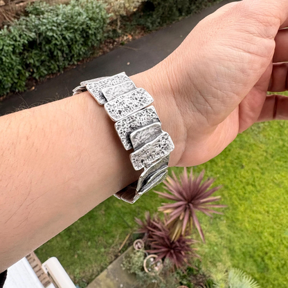 Hammered Silver Plated Stretch Bracelet, Chunky Rustic Link
