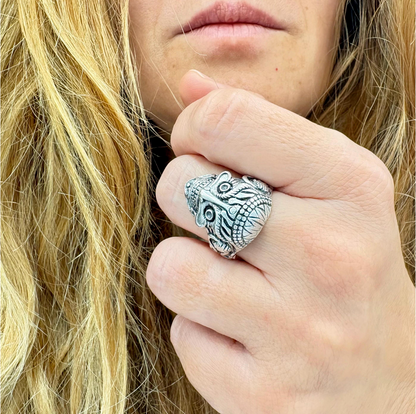 Gothic Mask Ring • Silver Plated Brass, Adjustable Boho Punk Band