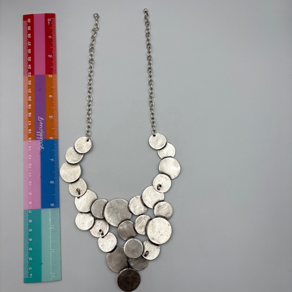 Brutalist Silver Plated Disc Necklace, Hammered Medallion Collar, Boho Bib Jewelry, Gift for Her
