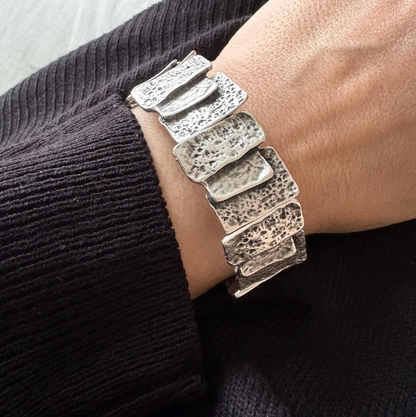 Hammered Silver Plated Stretch Bracelet, Chunky Rustic Link