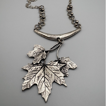 Silver Maple Leaf Necklace, Rustic Boho Pendant, Woodland Jewelry