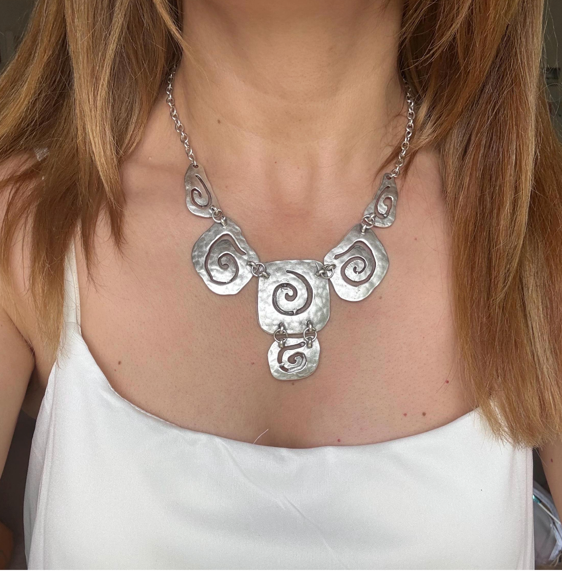 Handmade Silver Plated Bib Necklace: Chunky Spiral Pendant, Hypoallergenic