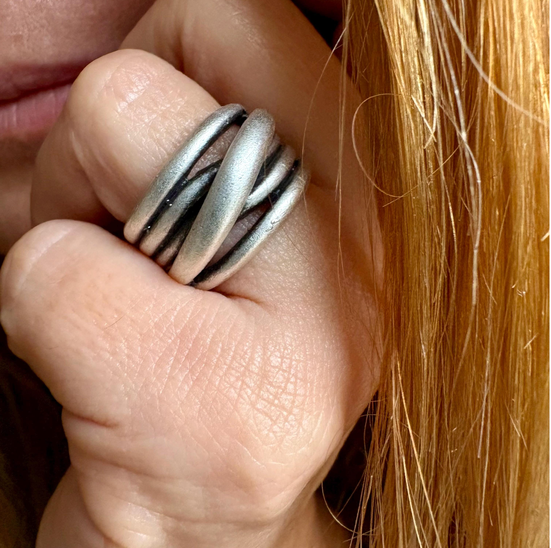 Hammered Silver Brutalist Ring, Adjustable Multi-Strand Wrap Band