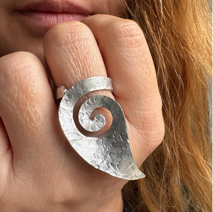 Hammered Silver Spiral Ring • Adjustable Artisan Statement Jewelry • Geometric Ring