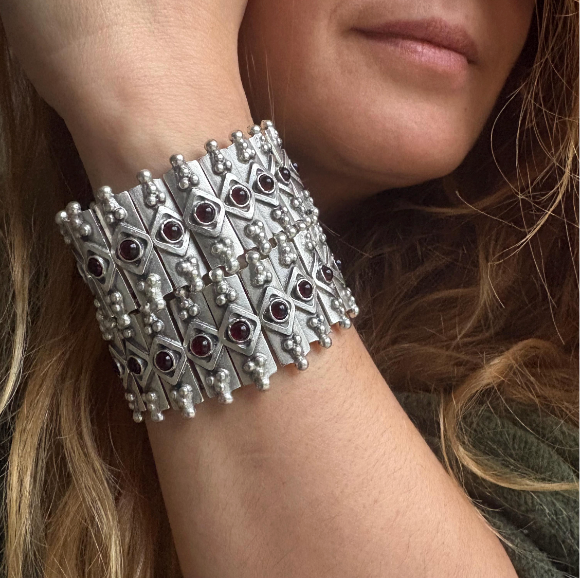 Bohemian Garnet Panel Bracelet, Silver Plated Brutalist Cuff, Gift For Her