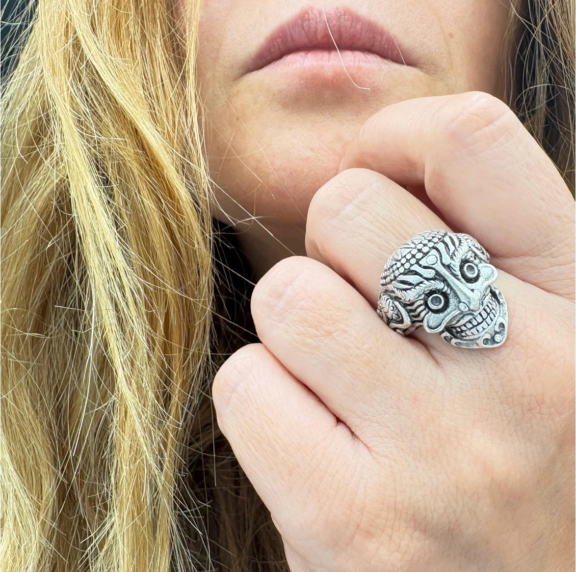 Gothic Mask Ring • Silver Plated Brass, Adjustable Boho Punk Band