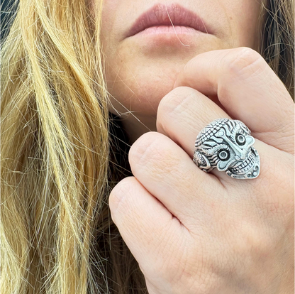 Gothic Mask Ring • Silver Plated Brass, Adjustable Boho Punk Band