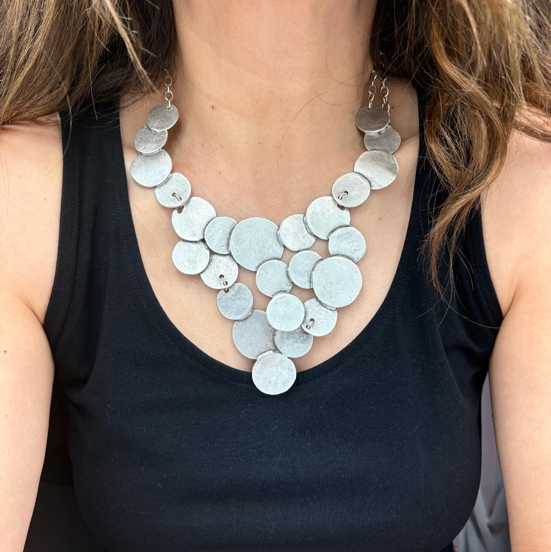 Brutalist Silver Plated Disc Necklace, Hammered Medallion Collar, Boho Bib Jewelry, Gift for Her