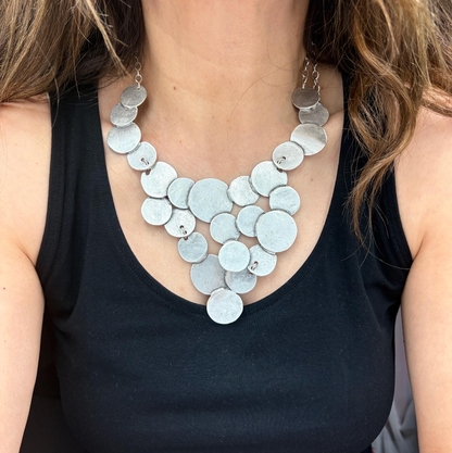 Brutalist Silver Plated Disc Necklace, Hammered Medallion Collar, Boho Bib Jewelry, Gift for Her